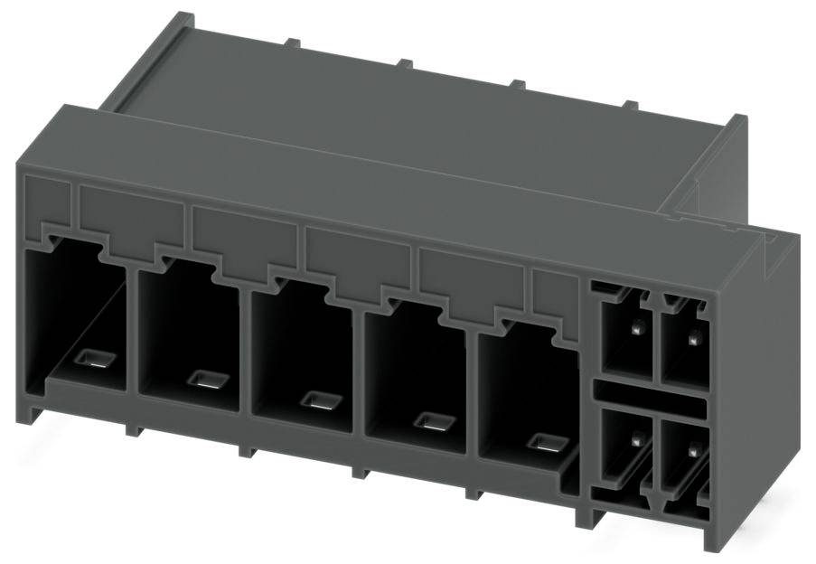 Ein schwarzer Mehrfach-Elektrostecker mit fünf größeren Steckplätzen auf der linken Seite und zwei kleineren Steckplätzen auf der rechten Seite, verwendet für Konnektivität.