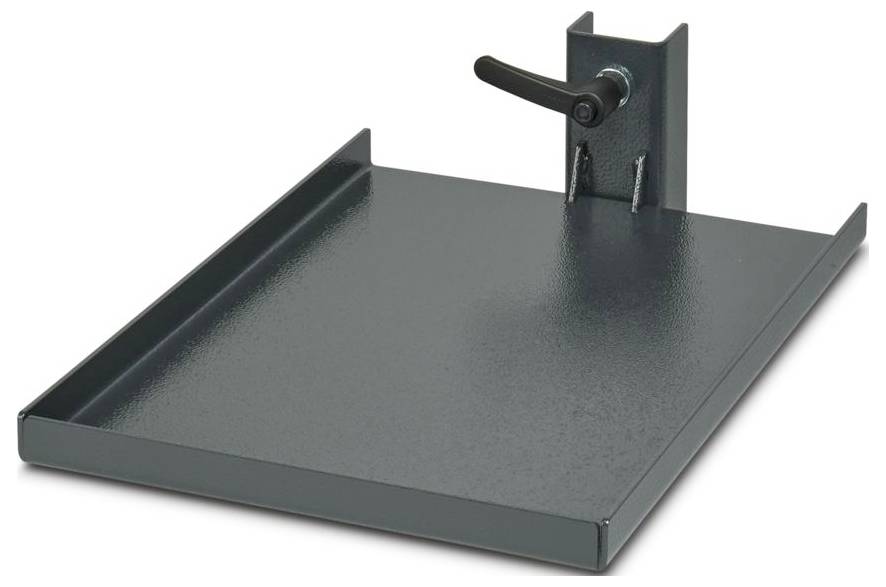 Ein grauer Metallständer für Drucker oder Monitor mit verstellbarem Design, vertikalem Stützarm und Hebel zur Höhenverstellung.