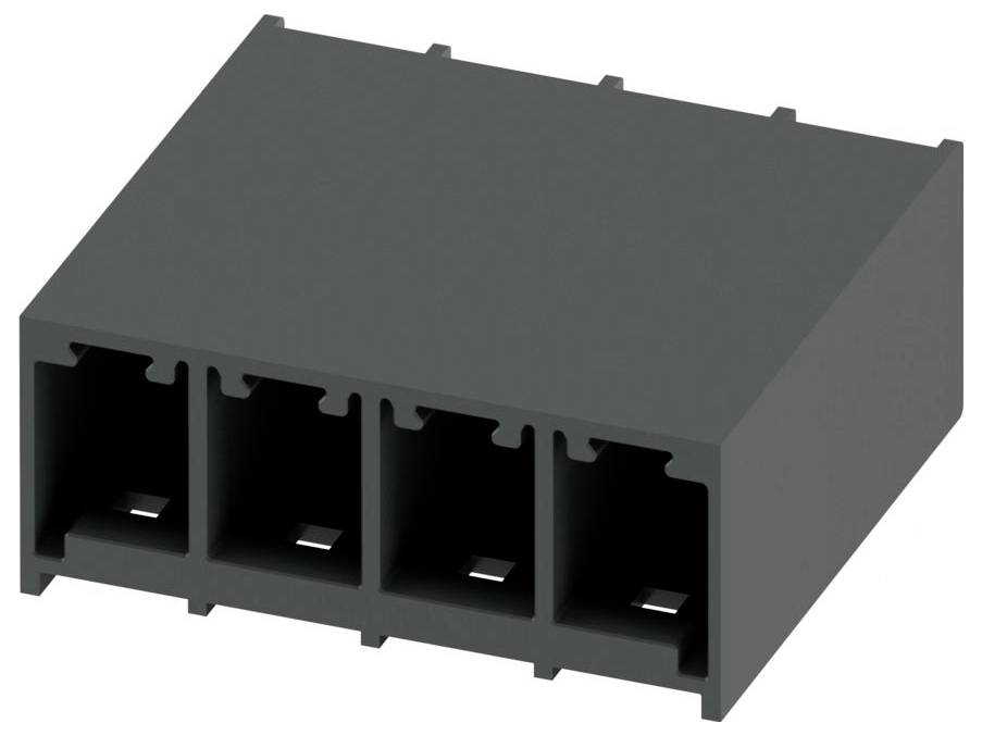Eine 3D-Illustration eines dunkelgrauen Steckergehäuses mit vier Anschlüssen, das häufig in elektronischen oder elektrischen Anwendungen zur Sicherung von Verbindungen verwendet wird.