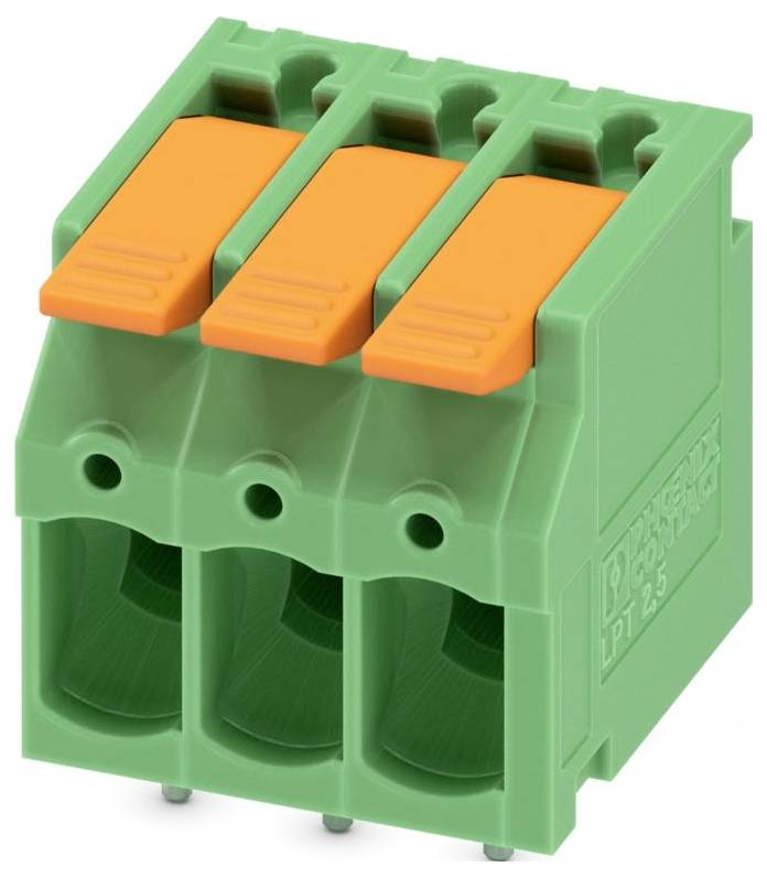 A green and orange three-position pluggable terminal block with three connection points for wire termination.