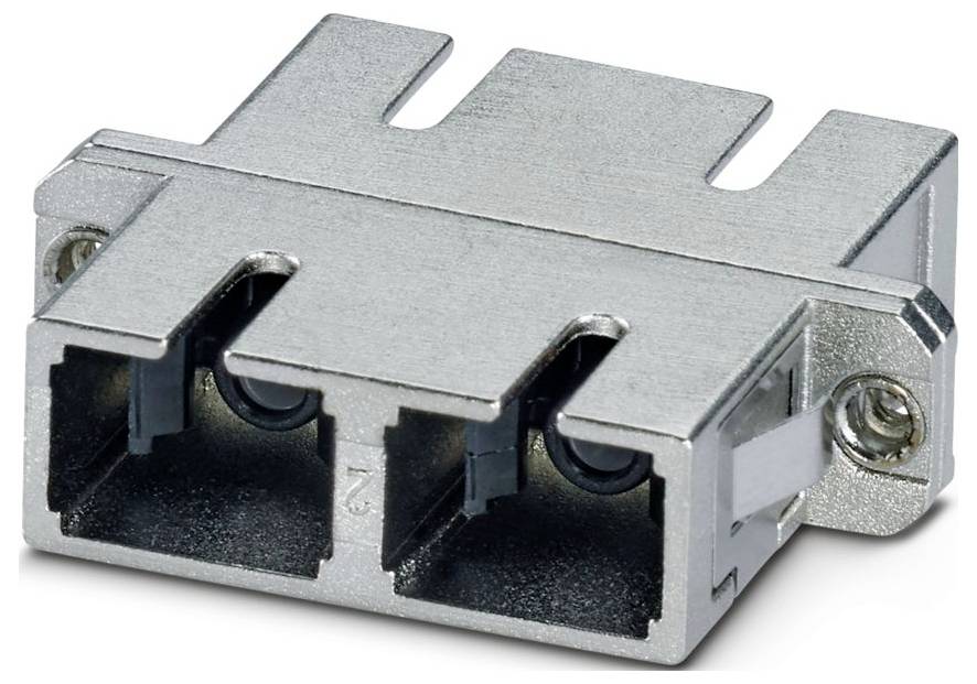 A metallic dual fiber optic connector with two ports and screws for mounting.