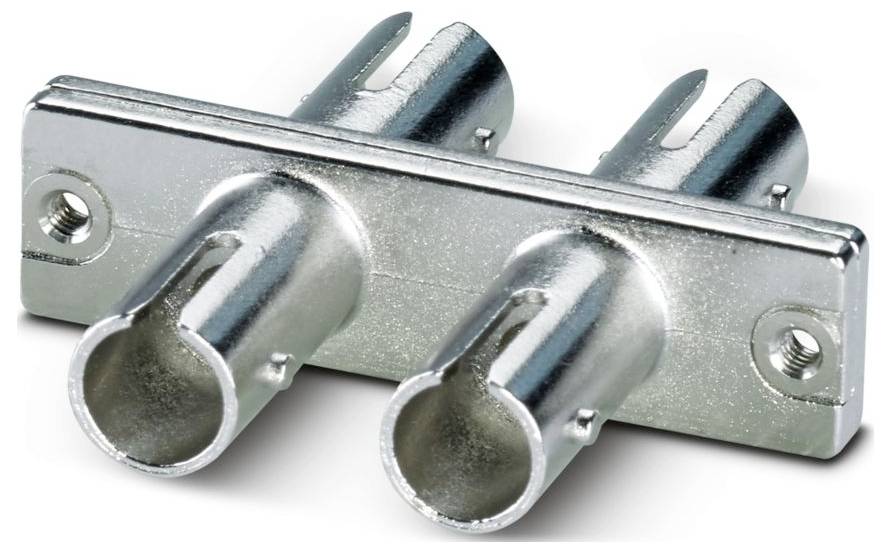 A metal mounting bracket with two cylindrical sockets, designed for electrical or mechanical connections, viewed at an angle.