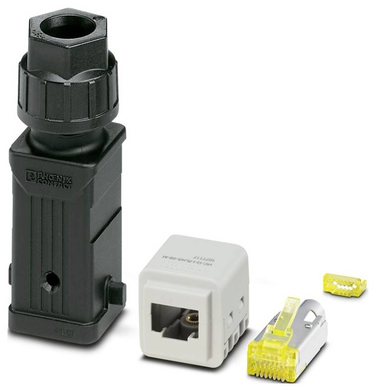 Electrical connectors with components, including a black hexagonal connector, a white port labeled '8-8 way', and an RJ45 connector.