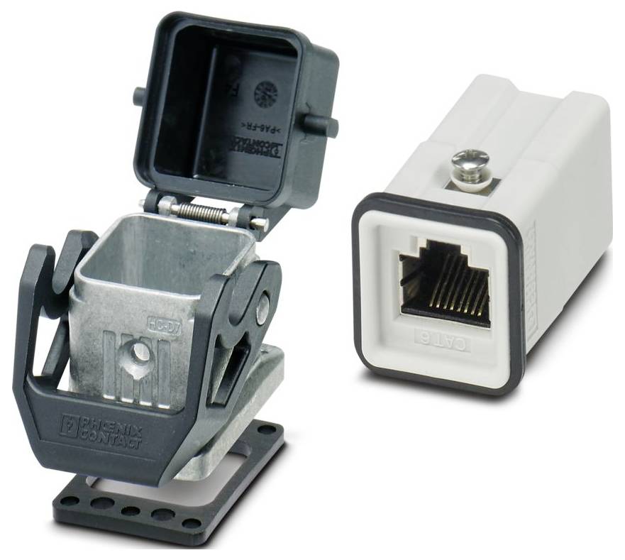 An industrial connector with a protective cover sits next to an Ethernet port module, both used for robust electrical connections in machinery.