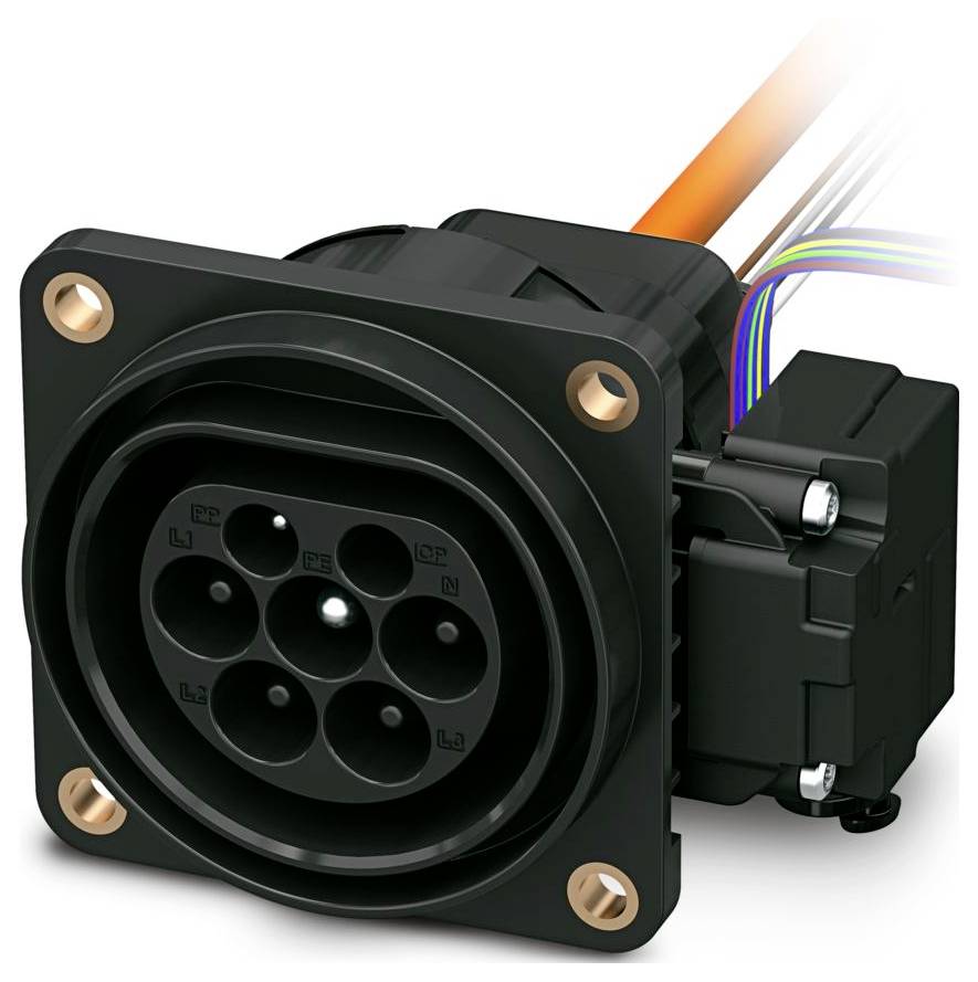 Nahaufnahme eines schwarzen mehrstiftigen Elektrosteckers mit Kupferkontakten und mehrfarbigen Drähten, der in industriellen Anwendungen verwendet wird.