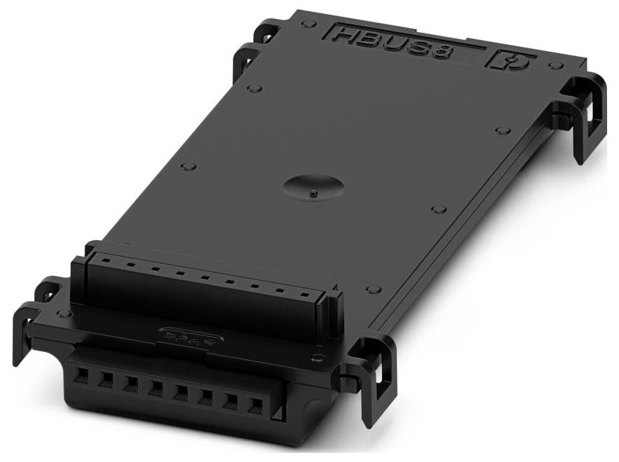 Rectangular black object with multiple connection ports and 'HBUS3' text embossed; designed for data or power connectivity.