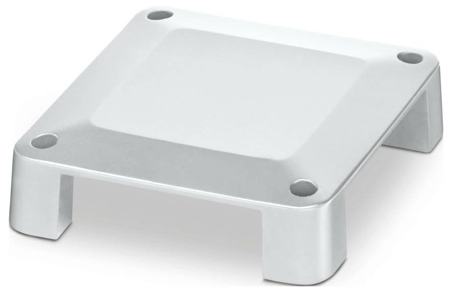 Ein kleiner, quadratischer metallischer Ständer mit abgerundeten Ecken und vier kurzen Beinen, von denen jedes ein Loch hat, und der zum Abstützen kompakter Objekte konzipiert ist.