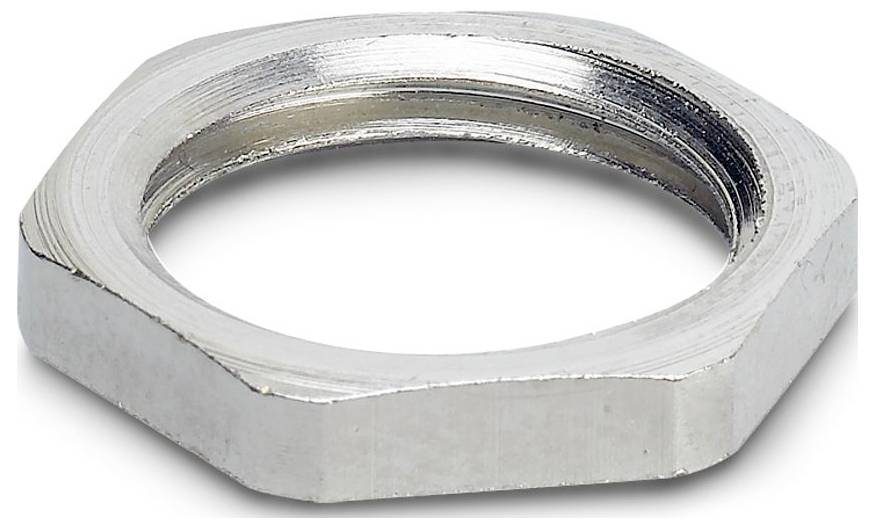 Eine silberne sechskantige Metallmutter, allein auf weißem Hintergrund gezeigt, entworfen zum Befestigen von Komponenten in mechanischen oder Konstruktionsanwendungen.