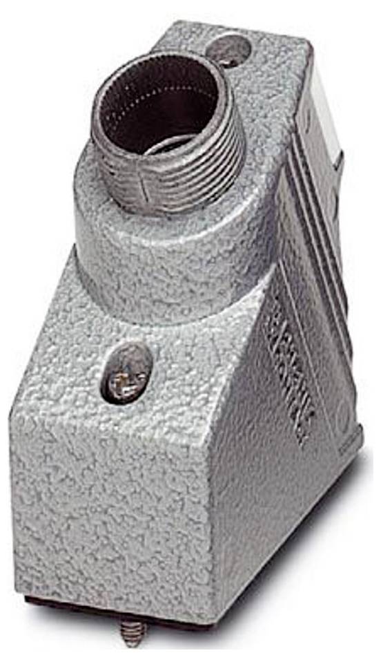 Metallischer industrieller Elektrostecker, abgewinkelt, grau mit strukturierter Oberfläche, mit Gewinde oben und zwei Schrauben zur sicheren Befestigung.