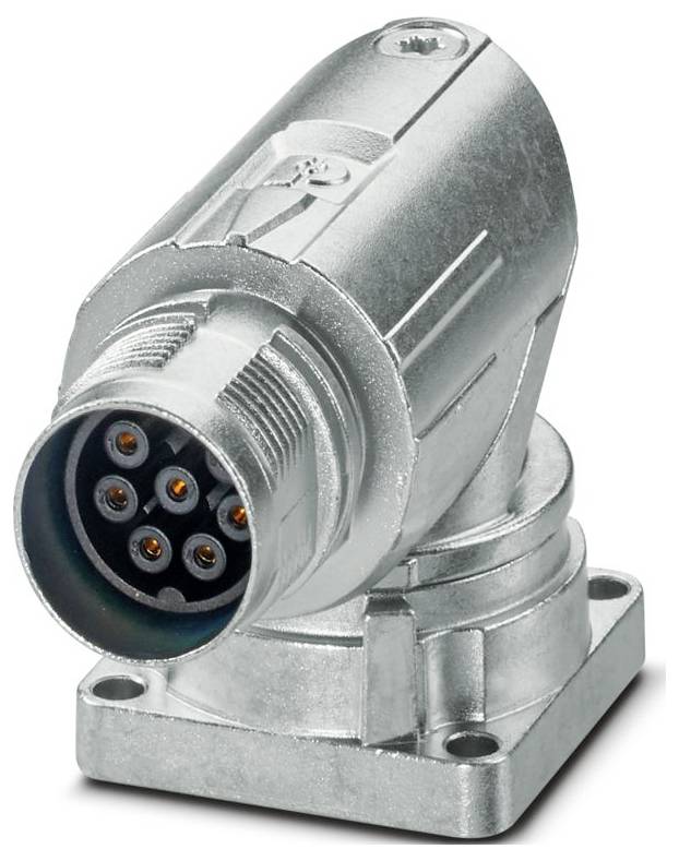 Ein metallischer kreisförmiger elektrischer Stecker mit sechs vergoldeten Stiften, montiert auf einer quadratischen Flansch.