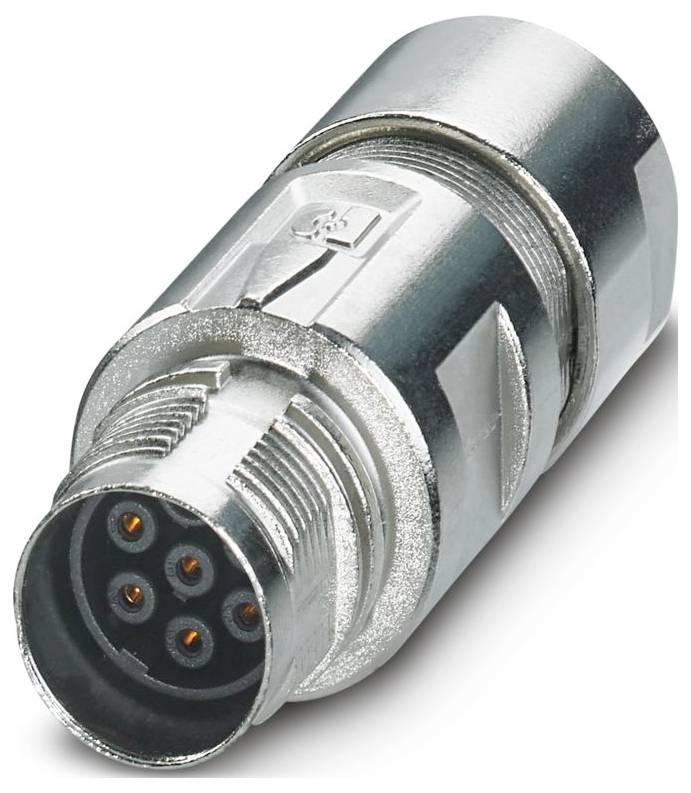 Silberner zylindrischer Stecker mit zehn beschrifteten, vergoldeten Kontakten, die im Uhrzeigersinn von 1 bis 10 angeordnet sind.