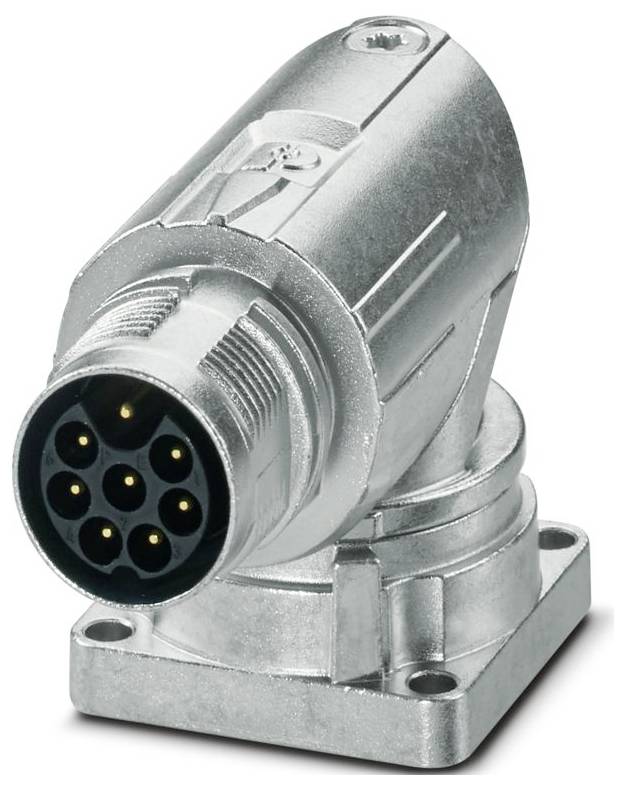 Ein metallischer kreisförmiger Stecker mit vier sichtbaren goldfarbenen Kontakten, typischerweise für elektrische Verbindungen oder Datenübertragung verwendet.
