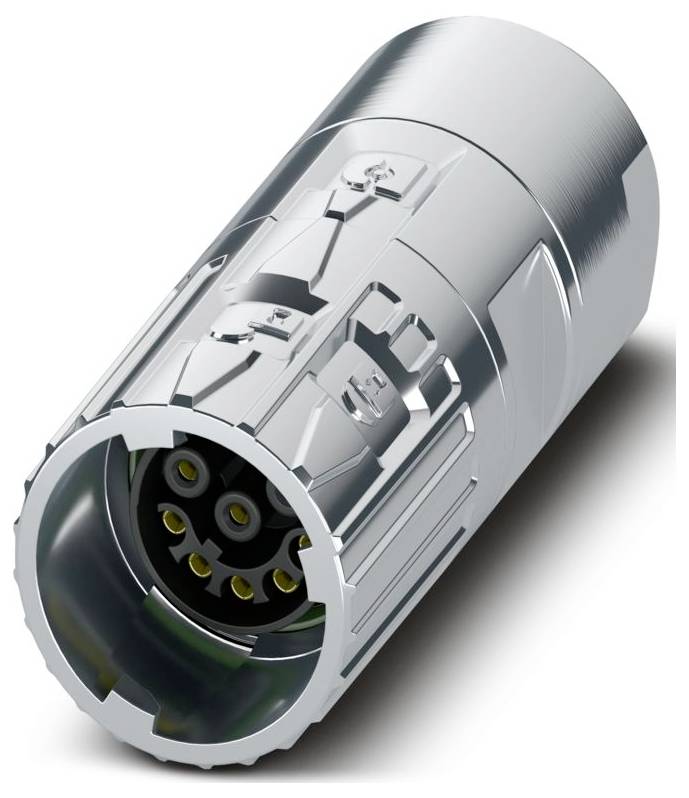 Ein zylindrischer Metallstecker mit mehreren Stiften für elektrische Verbindungen.