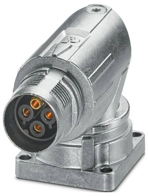 Ein metallischer, abgewinkelter Industriestecker mit mehreren Steckplätzen, entwickelt für robuste elektrische Verbindungen in schweren Maschinen oder Ausrüstungen.