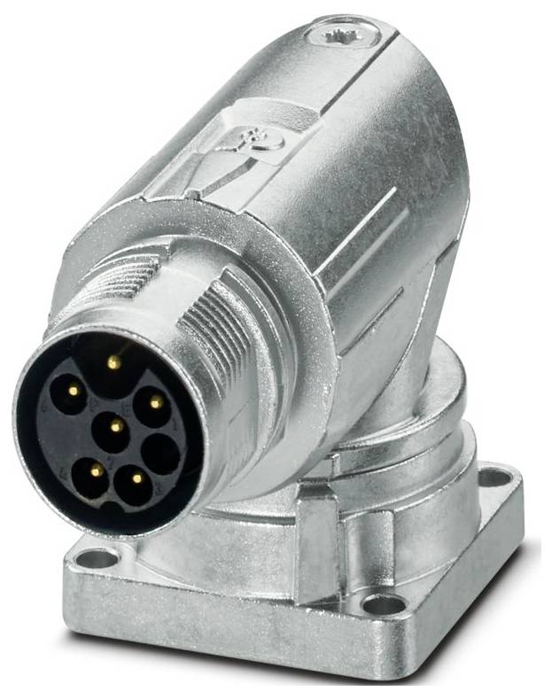 Ein metallischer zylindrischer Stecker mit neun Stiftkontakten, im neunzig Grad Winkel angewinkelt, verwendet für elektronische Geräte oder Industriemaschinen.