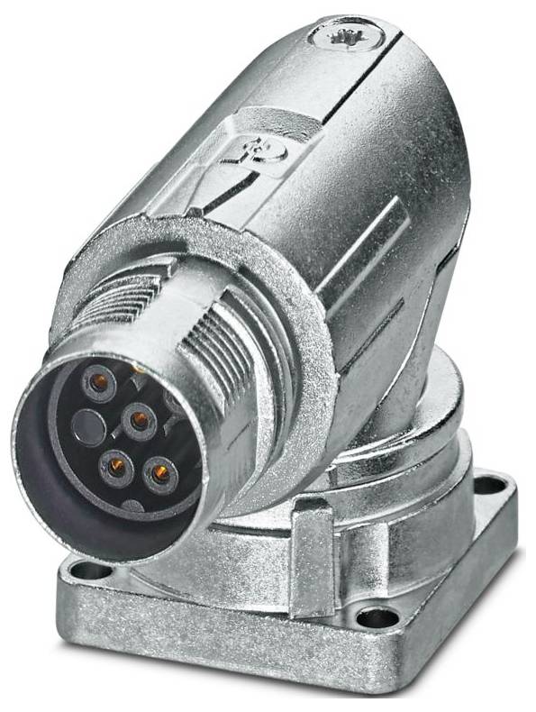 Ein metallischer, abgewinkelter Industrie-Stecker mit mehreren Stiften, verwendet für elektrische Anwendungen, montiert auf einer Basis mit Schraubenlöchern.