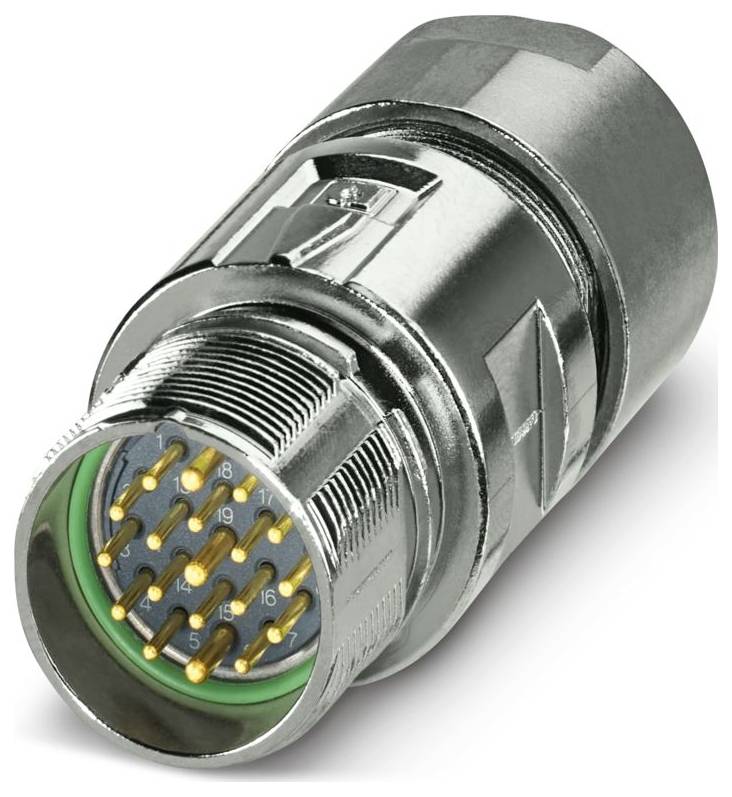 Ein metallischer zylindrischer Stecker mit mehreren goldfarbenen Stiften, die numerisch zur Kennzeichnung für elektronische Verbindungen gekennzeichnet sind.