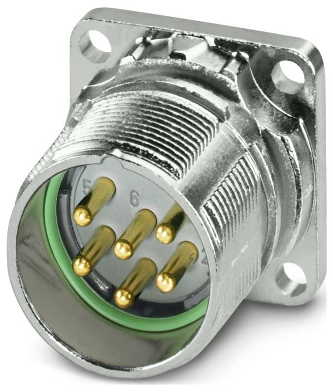 Ein runder Metallstecker mit sechs vergoldeten Stiften und einem Schraubgehäuse. Es ist ein zur Panelmontage geeigneter Stecker, der für elektronische Verbindungen verwendet wird.