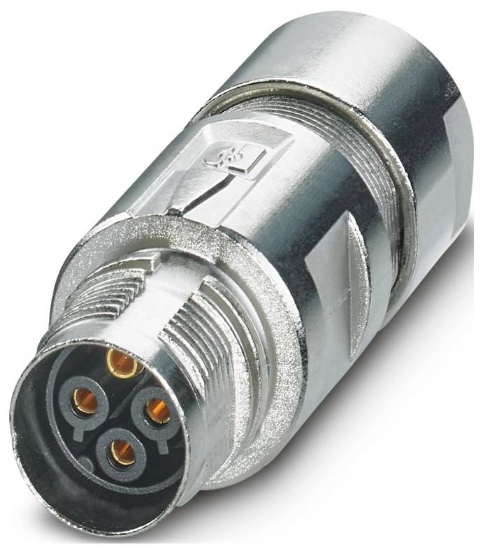 Ein silberner Metallsteckverbinder mit vier runden Stiften in der Buchse, konzipiert für sichere Befestigung in industriellen oder elektronischen Anwendungen.