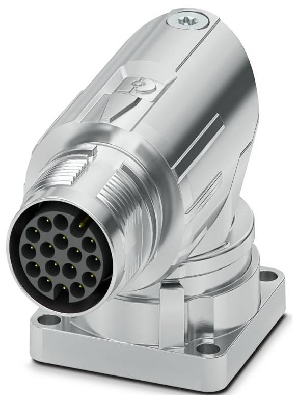 Ein metallischer, mehrpoliger elektrischer Stecker mit rechtwinkliger Ausführung und Montagebasis, der mehrere Buchsenkontakte an einem Ende aufweist.