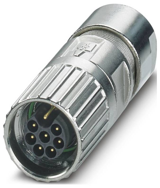 Ein metallischer Rundstecker auf einer quadratischen Platte mit vier Schraubenlöchern, ausgestattet mit mehreren Stiftverbindungen im Inneren des runden Endes.