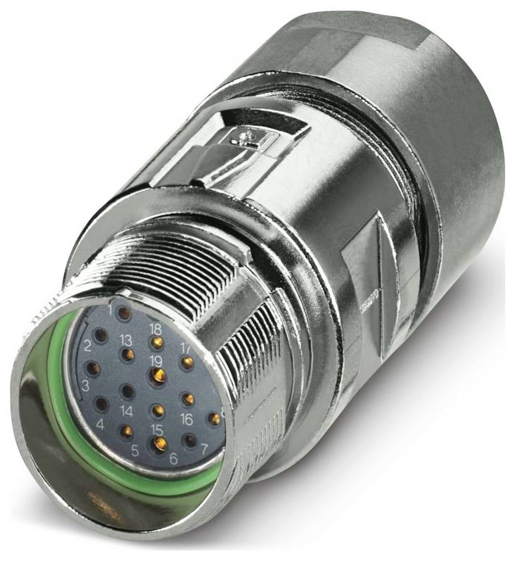 Eine Nahaufnahme eines metallischen runden Steckers mit drei sichtbaren Stiften und einem gerillten Außengehäuse, das für elektrische Verbindungen verwendet wird.