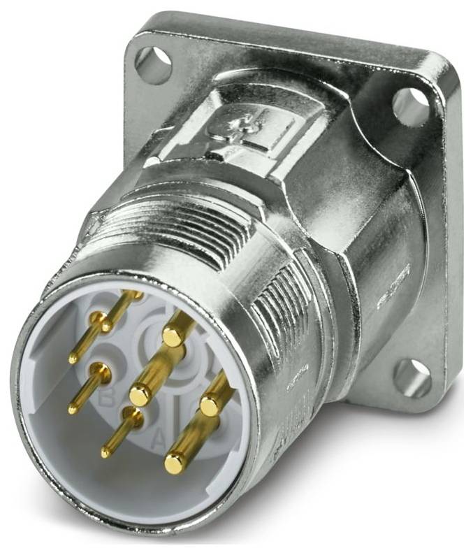 Ein Metallkabelstecker aus dem Industriebereich mit einem Gewinde am Ende und mehreren Kontaktstellen, der für sichere elektrische Verbindungen in Maschinen verwendet wird.