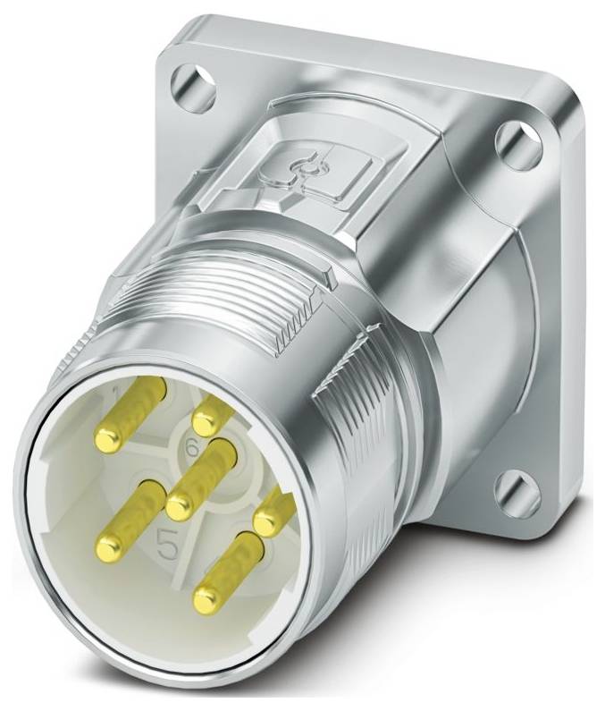 Stecker mit mehreren goldenen Pins und einem metallischen Gehäuse, aus einem Winkel betrachtet.