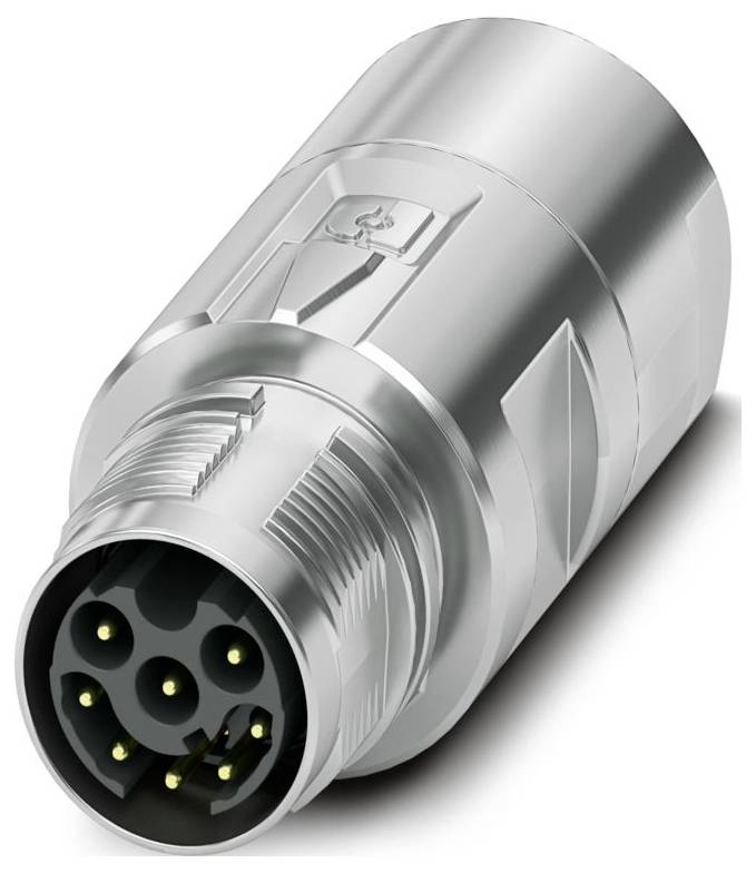 Ein silberner, zylindrischer elektrischer Stecker mit sechs goldenen Stiften, die in einem kreisförmigen Muster an einem Ende angeordnet sind.