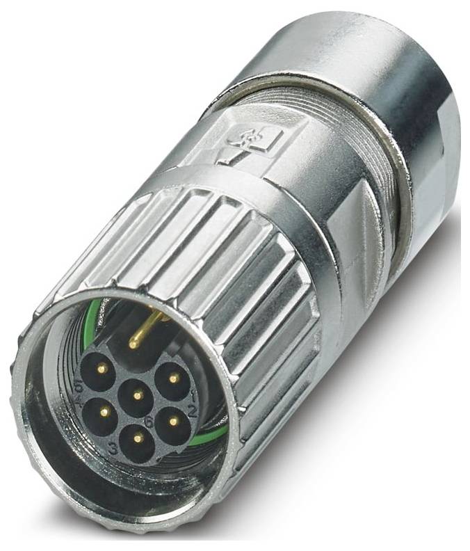 Eine Nahaufnahme eines silbernen mehrpoligen Elektrosteckers mit gerippter Außenseite und sechs sichtbaren Stiften im Inneren, der für Industrieanwendungen verwendet wird.