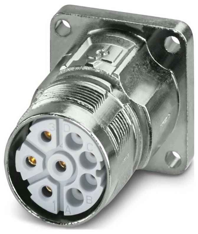 Ein industrieller Metallstecker mit einem runden Stecker mit sieben elektrischen Pins, verwendet für Ausrüstungs- oder Maschinenverbindungen.