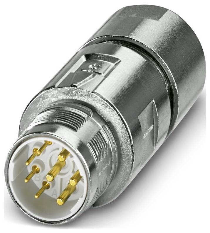 Ein metallischer Stecker mit mehreren Stiften und eingraviertem Symbolen, der für sichere elektrische Verbindungen in Industrieanwendungen konzipiert ist.