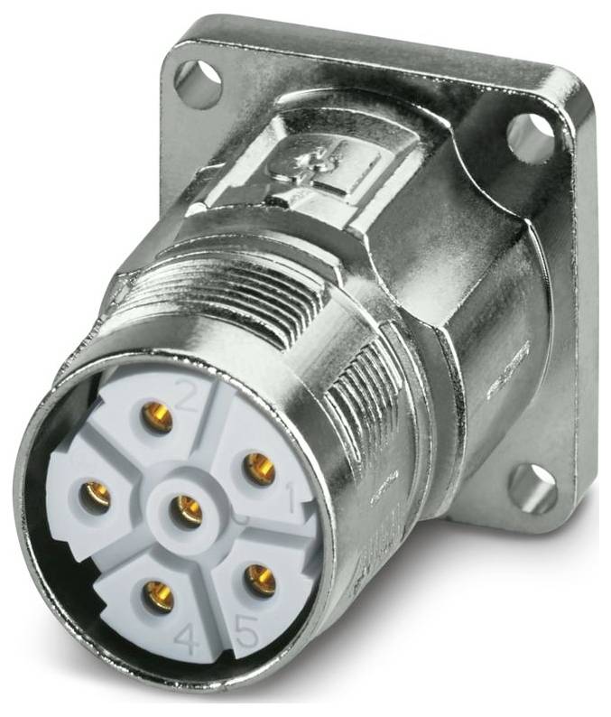 Ein silberner elektrischer Stecker mit mehreren goldenen Kontaktstiften, der für industrielle oder schwere Anwendungen verwendet wird.