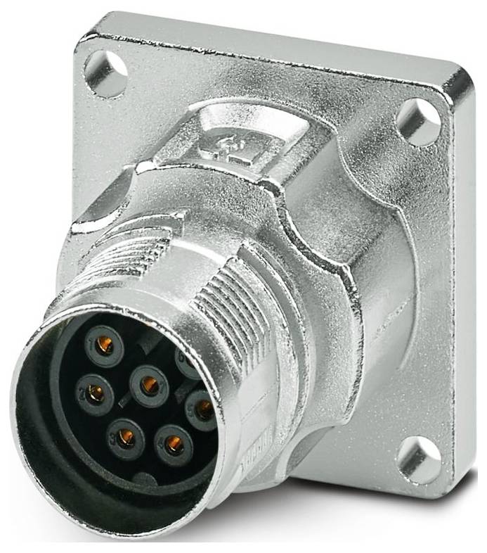 Ein zylindrischer Metallstecker mit mehreren in einem Kreismuster angeordneten Steckdosen an einem Ende, der für elektronische oder Datenverbindungen verwendet wird.