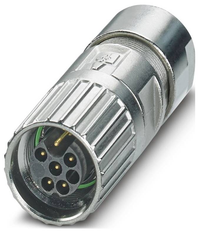 Ein Metallstecker für industrielle Anwendungen mit einem gerilltem zylindrischen Gehäuse und einem fünfpoligen Steckverbinder, konzipiert für robuste Stromverbindungen im Hochleistungsbereich.