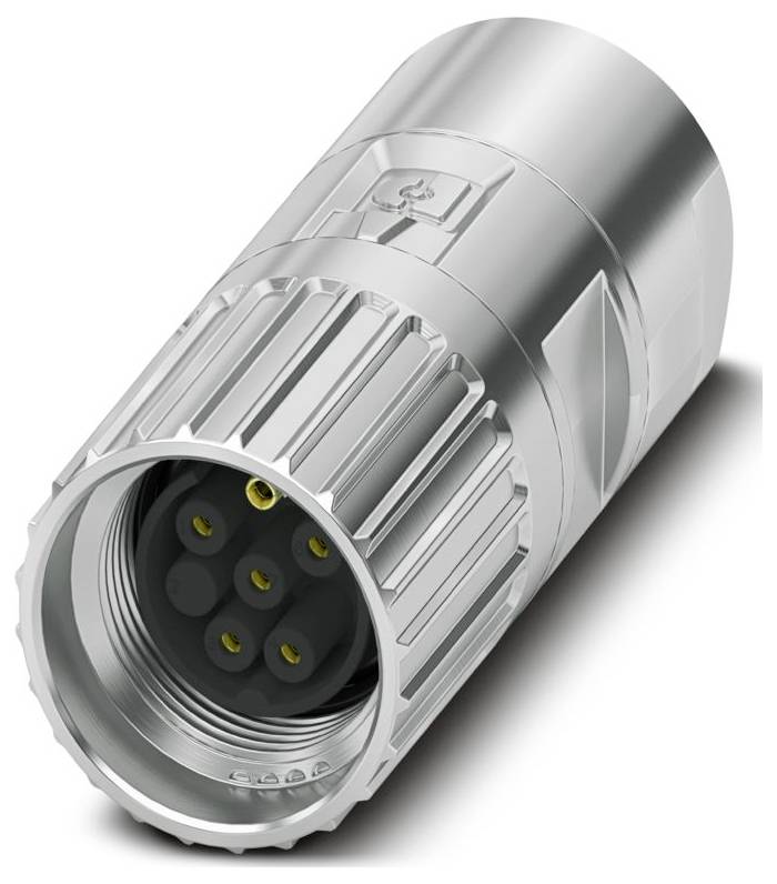 Ein silberner metallischer zylindrischer Stecker mit mehreren Stiften, entwickelt für industrielle oder technische Verwendung, aus einer schräggestellten Perspektive dargestellt.