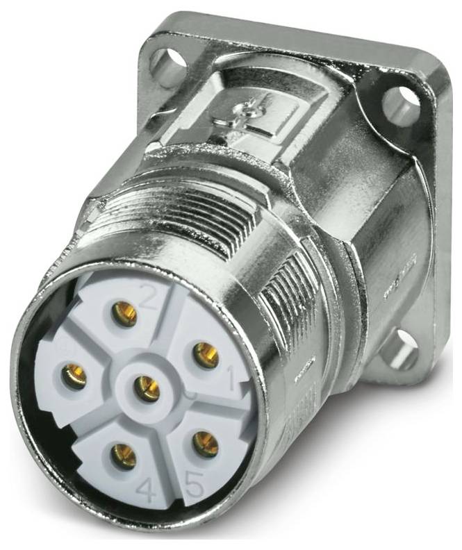 Ein metallischer kreisförmiger Stecker mit Flansch und sieben Stiften, typischerweise für elektronische Ausrüstungsverbindungen verwendet.