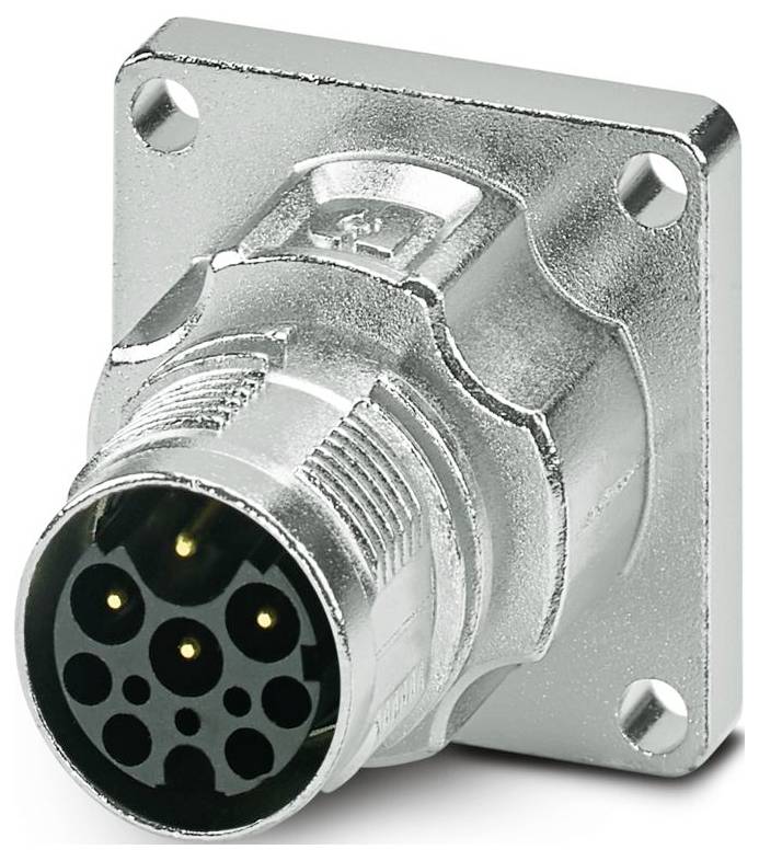 Ein silberner, mehrpoliger runder Stecker mit quadratischer Montageplatte, typischerweise für industrielle Elektronik und robuste Anwendungen verwendet.