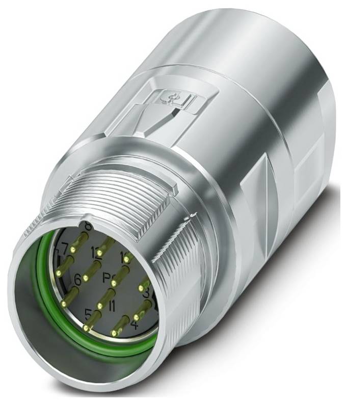 Ein silberner, zylindrischer Stecker-Anschluss mit sichtbaren nummerierten Stiften und einem grünen inneren Ring, der für elektrische oder Datenverbindungen verwendet wird.