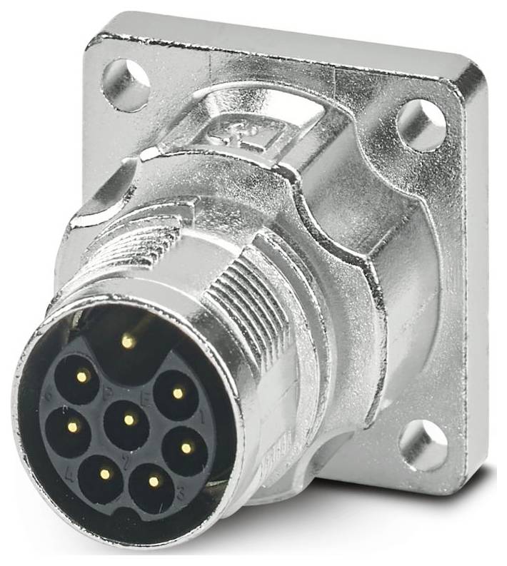 Ein metallischer, zylindrischer elektrischer Stecker mit mehreren kleinen Steckplätzen, umgeben von einem grünen Ring, für industrielle Anwendungen konzipiert.