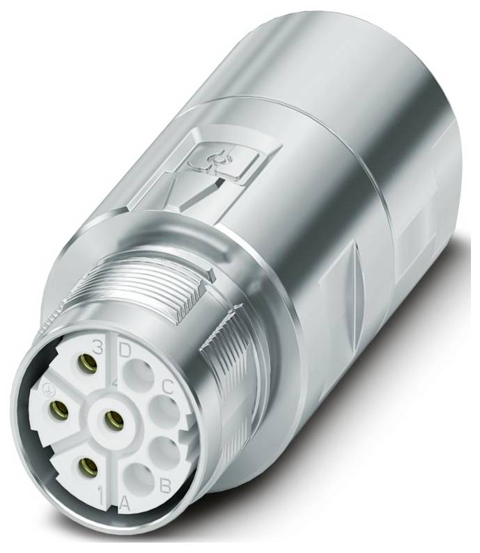 Ein silberner elektrischer Stecker mit mehreren Buchsenkontakten, entwickelt für die Verwendung in Industrie- oder technischen Geräten, mit strukturierten Griffrillen.
