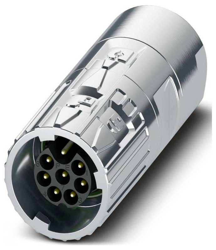 Ein grüner elektronischer Stecker mit mehreren Anschlussplätzen, ausgestattet mit orangefarbenen Freigabetasten in einer Reihe.