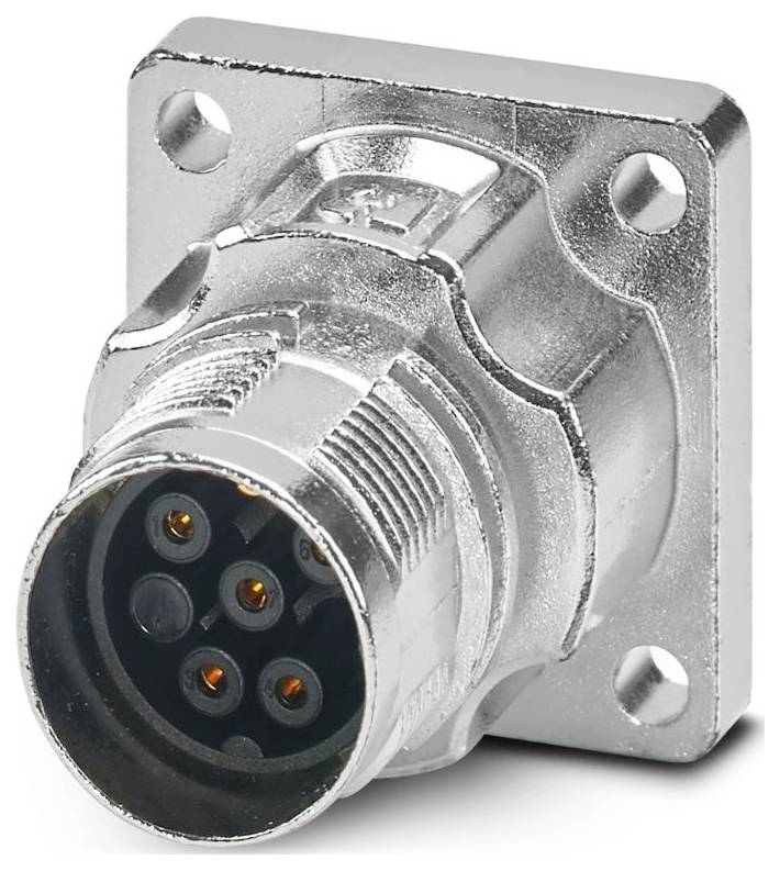 Ein metallischer zylindrischer Stecker mit mehreren Stiften, mit einem Gewindebereich für sichere Befestigung, verwendet in elektronischen Geräten.