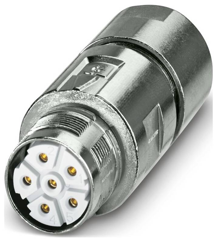 Ein metallischer Rundstecker mit sechs vergoldeten Stiften, verwendet für Industrie- oder Elektronikgeräte und bietet robuste Konnektivität.