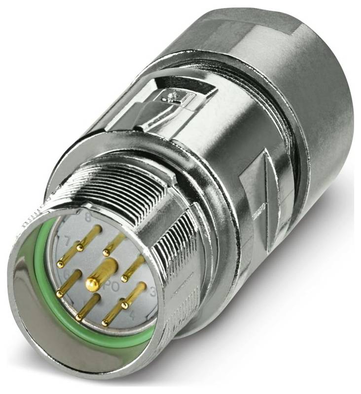 A metallic circular connector with multiple gold pins is shown. The connector has a silver casing and a green ring near the open end.
