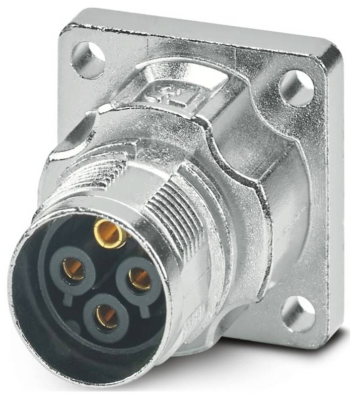 Ein metallischer elektrischer Stecker mit vier kreisförmigen Buchsen, montiert auf einer quadratischen Basis mit vier Schraubenlöchern, verwendet für sichere Verbindungen.