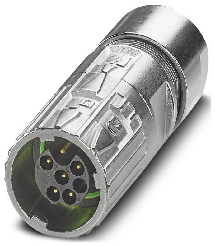 Ein metallischer kreisförmiger Stecker mit mehreren Goldkontakten in kreisförmiger Anordnung am offenen Ende, verwendet für Verbindungen elektronischer Geräte.
