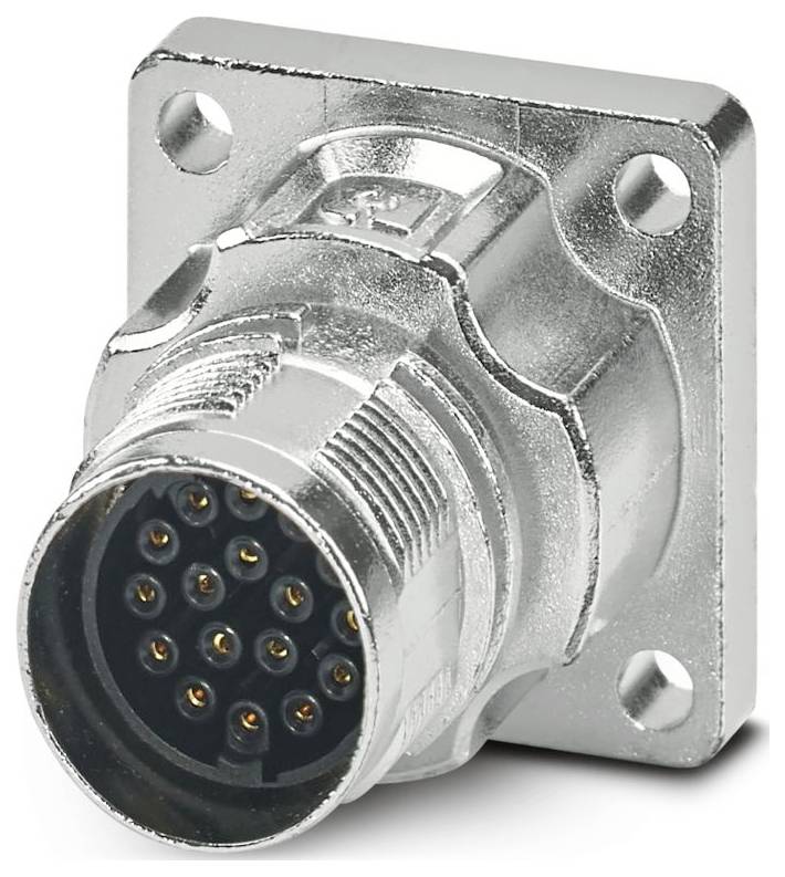 Metallic electrical connector with multiple pins, designed for secure connection in electronic devices. Square mounting plate with four holes.