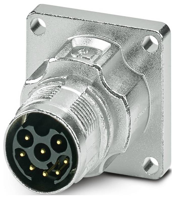 Ein silberfarbener Metall-Einbausteckverbinder mit einer kreisförmigen Öffnung, fünf goldfarben beschichteten Pins und einer Flansche mit vier Befestigungslöchern.