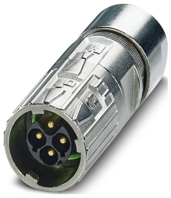 Ein metallischer zylindrischer Elektrostecker mit vier Goldkontakten und einem Schraubgewinde für sichere Verbindung.